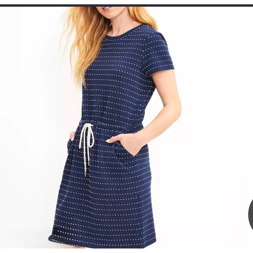 Lou & Grey Navy Dot Drawstring Dress | Small | Pockets